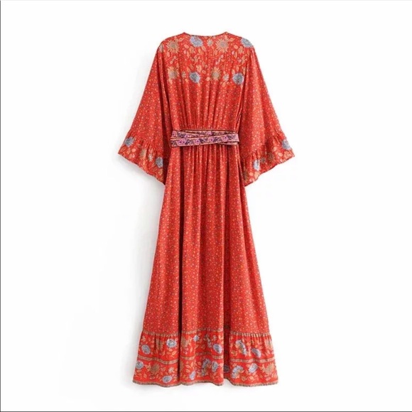 Red Boho Floral Gypsy Print Maxi Dress Kimono - Picture 6 of 12